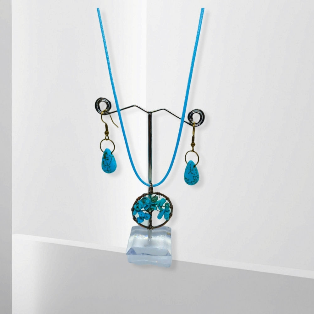 Turquoise tree of life necklace and earrings set